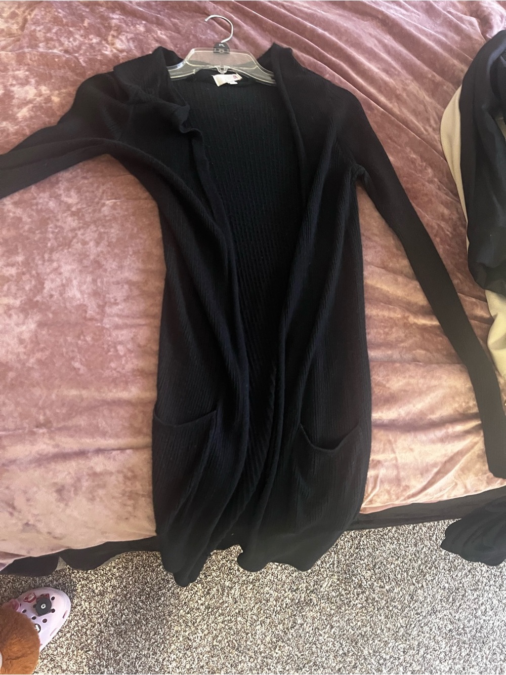 Long Black Open-Front Ribbed Cardigan with Pockets
